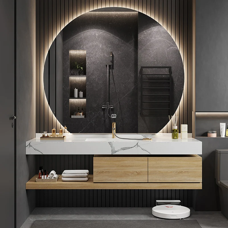 Juego de tocador moderno, estante de almacenamiento, espejo de lavabo de tocador montado en la pared con grifo Clearhalo