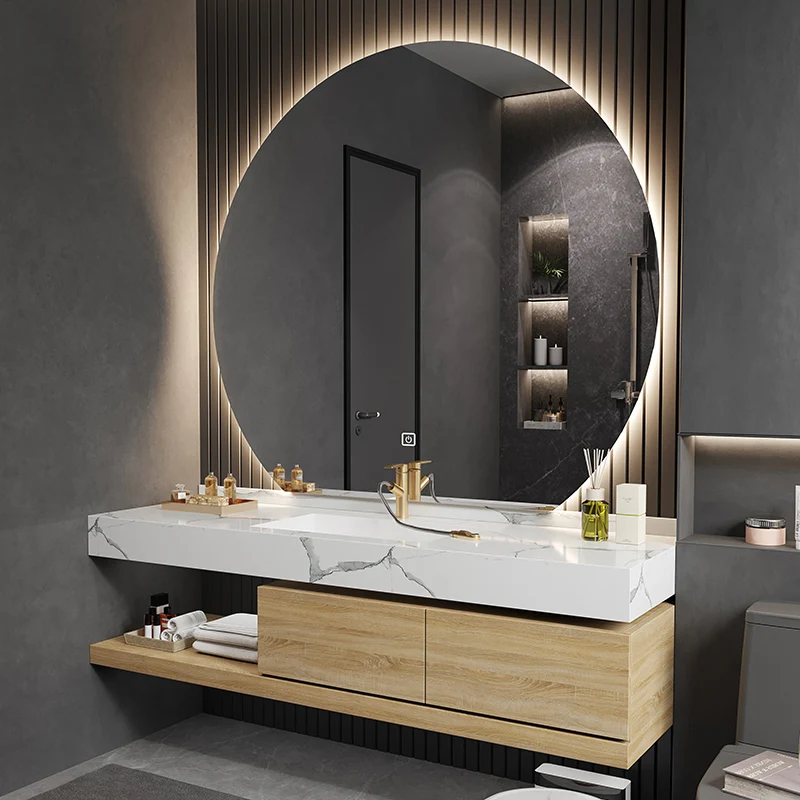 Juego de tocador moderno, estante de almacenamiento, espejo de lavabo de tocador montado en la pared con grifo Clearhalo