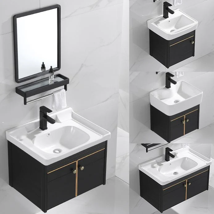 Juego de tocador moderno, lavabo de cerámica de pared, grifo negro, tocador con espejo Clearhalo