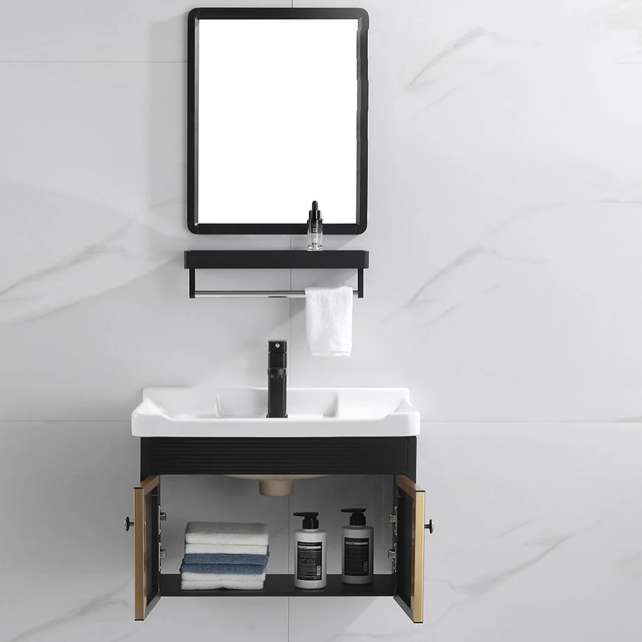 Juego de tocador moderno, lavabo de cerámica de pared, grifo negro, tocador con espejo Clearhalo