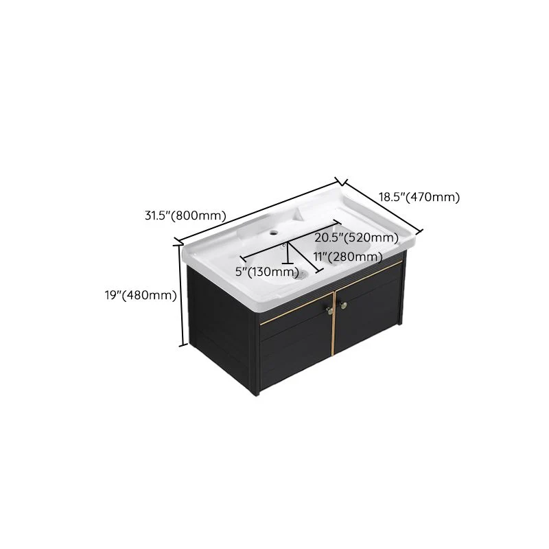 Juego de tocador moderno, lavabo de cerámica de pared, grifo negro, tocador con espejo Clearhalo