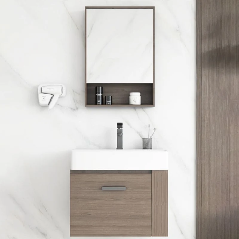 Juego de tocador moderno de madera marrón con montaje en pared y lavabo individual Clearhalo