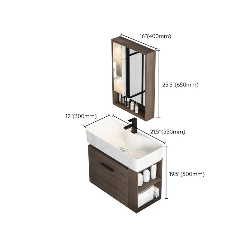 Juego de tocador moderno de madera marrón con montaje en pared y lavabo individual Clearhalo