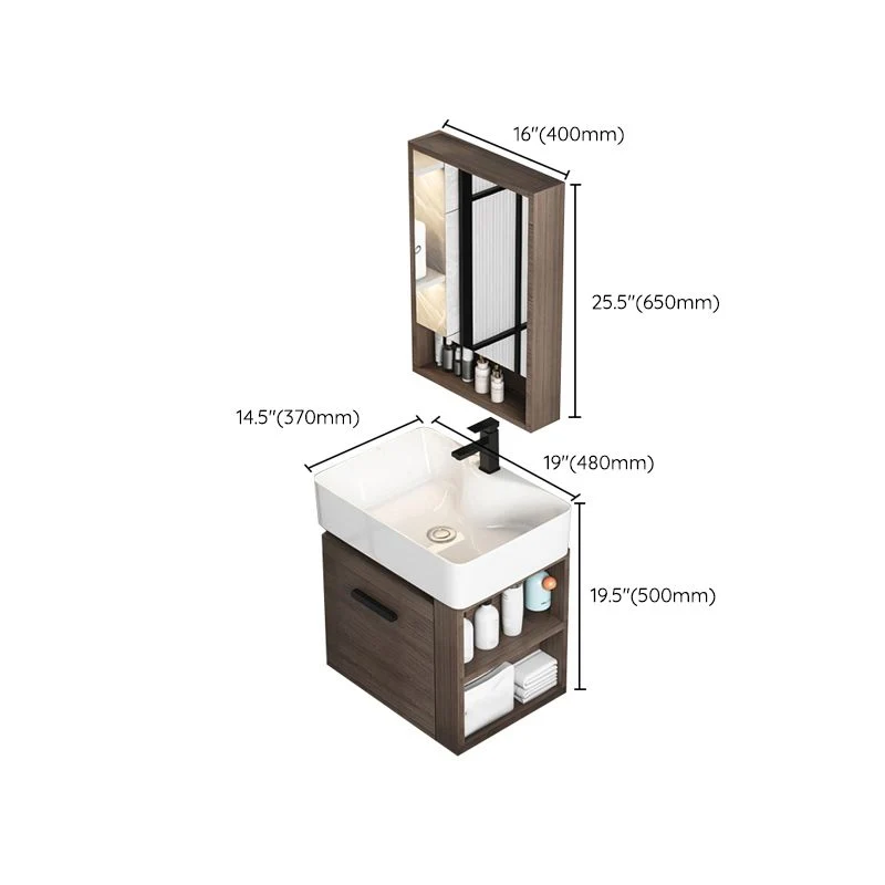 Juego de tocador moderno de madera marrón con montaje en pared y lavabo individual Clearhalo