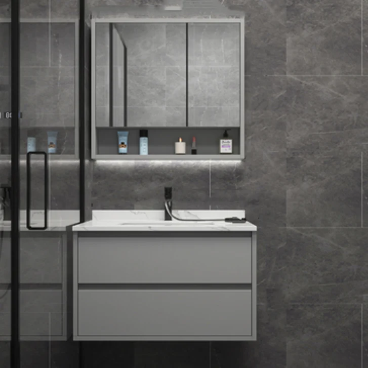 Juego de tocador moderno, tocador de baño de montaje en pared rectangular individual gris Clearhalo