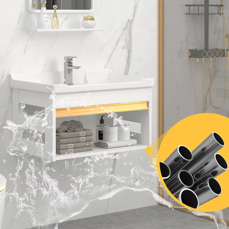 Juego de tocador montado en la pared, estante de almacenamiento blanco, grifo, lavabo, tocador con espejo Clearhalo