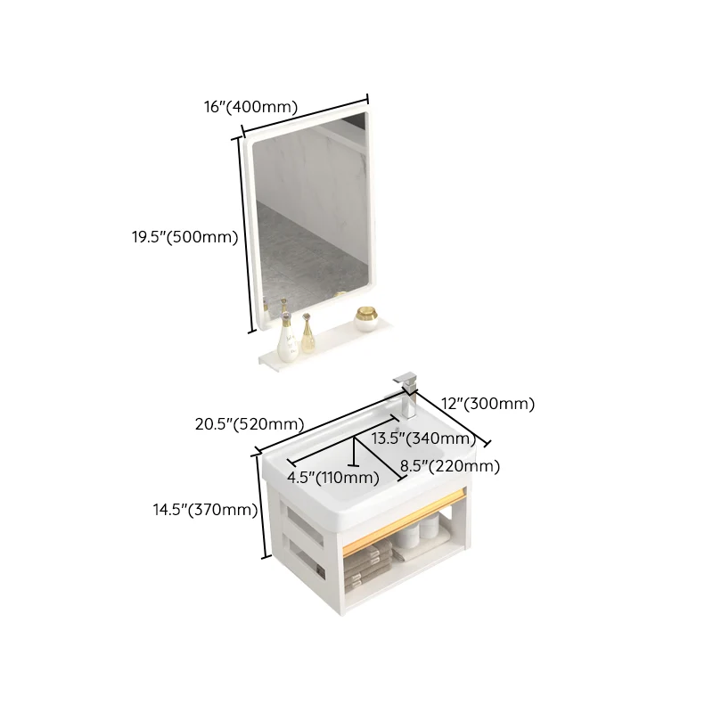 Juego de tocador montado en la pared, estante de almacenamiento blanco, grifo, lavabo, tocador con espejo Clearhalo
