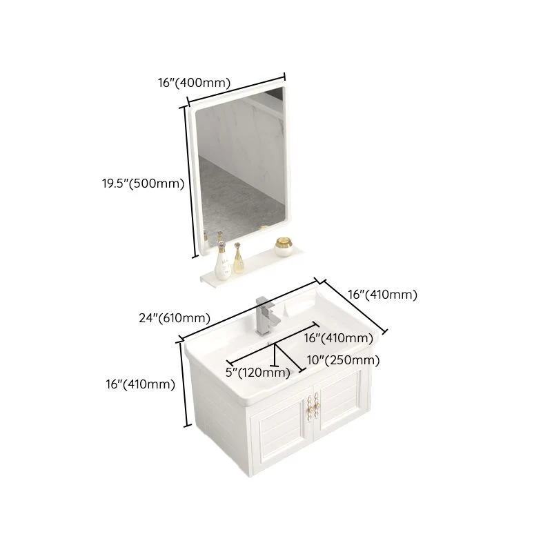 Juego de tocador montado en la pared, estante de almacenamiento blanco, grifo, lavabo, tocador con espejo Clearhalo