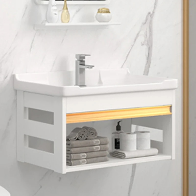 Juego de tocador montado en la pared, estante de almacenamiento blanco, grifo, lavabo, tocador con espejo Clearhalo