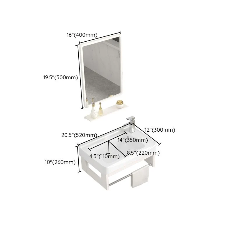 Juego de tocador montado en la pared, estante de almacenamiento blanco, grifo, lavabo, tocador con espejo Clearhalo