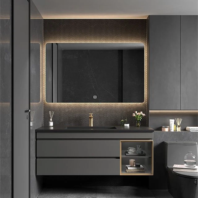 Juego de tocador para baño, espejo montado en la pared, estante de almacenamiento, lavabo con grifo Clearhalo