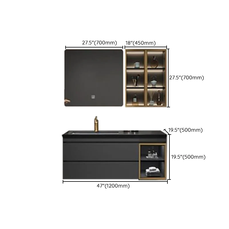 Juego de tocador para baño, espejo montado en la pared, estante de almacenamiento, lavabo con grifo Clearhalo