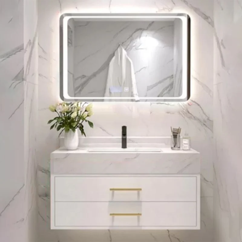 Juego de tocador para baño, lavabo individual, espejo montado en la pared, cajones incluidos, tocador para baño Clearhalo