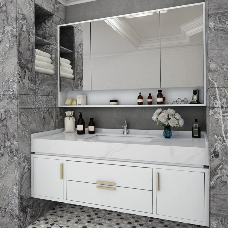 Juego de tocador para baño, lavabo individual, espejo montado en la pared, cajones incluidos, tocador para baño Clearhalo