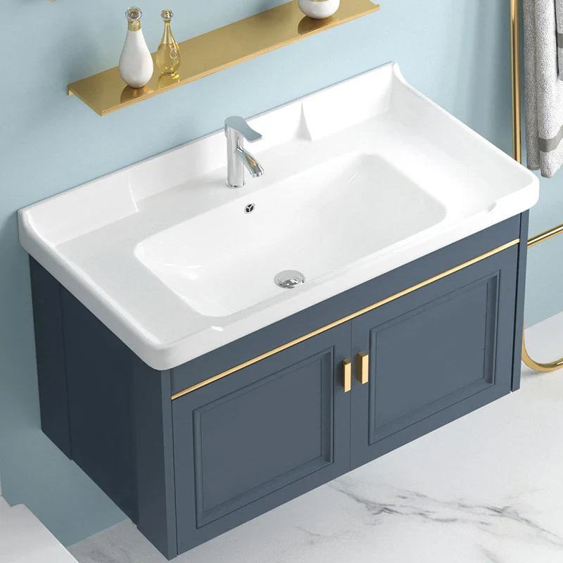 Juego de tocador rectangular azul, marco de metal, montado en la pared, 2 puertas, espejo, lavabo individual, tocador de b...