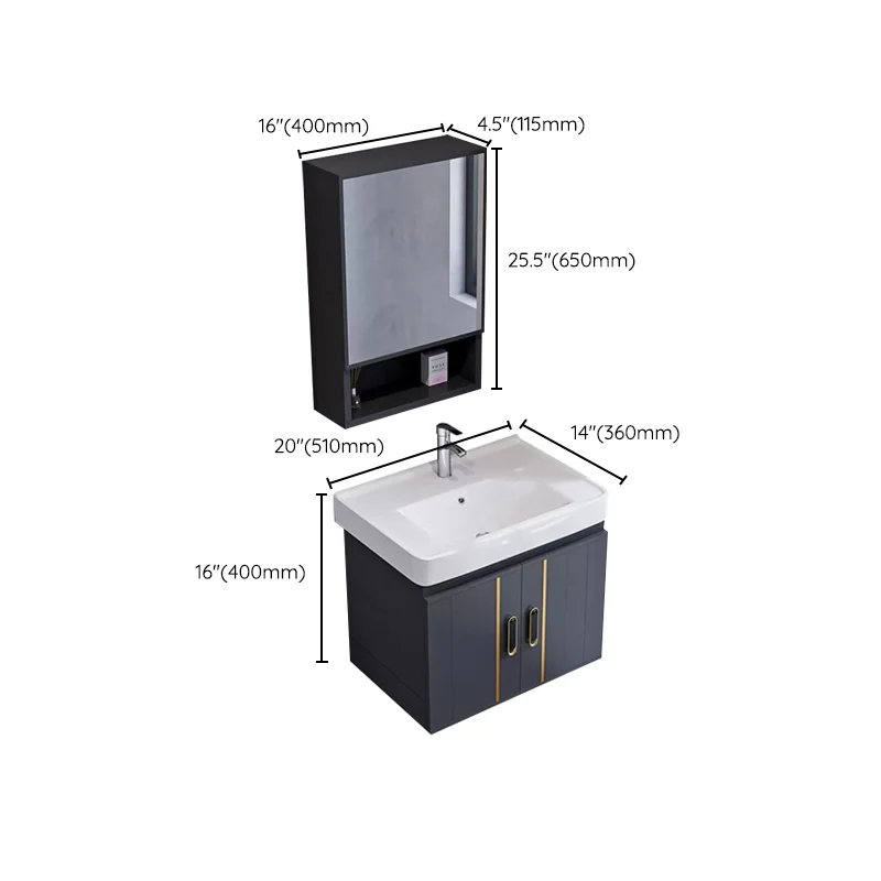 Juego de tocador rectangular con base de metal gris con lavabo de montaje en pared simple Glam Clearhalo
