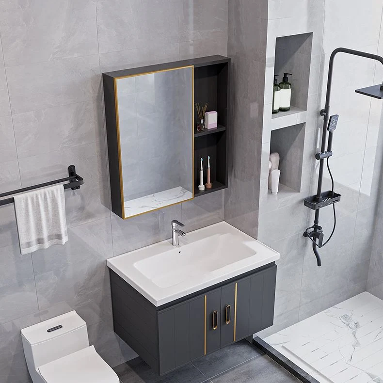 Juego de tocador rectangular con base de metal gris con lavabo de montaje en pared simple Glam Clearhalo