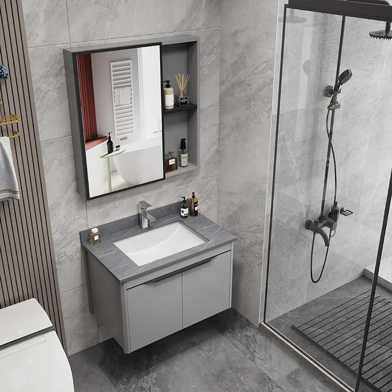Juego de tocador rectangular con base de metal moderno para baño con lavabo individual Clearhalo