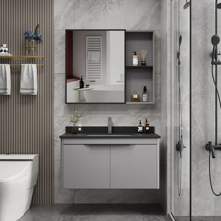 Juego de tocador rectangular con base de metal moderno para baño con lavabo individual Clearhalo