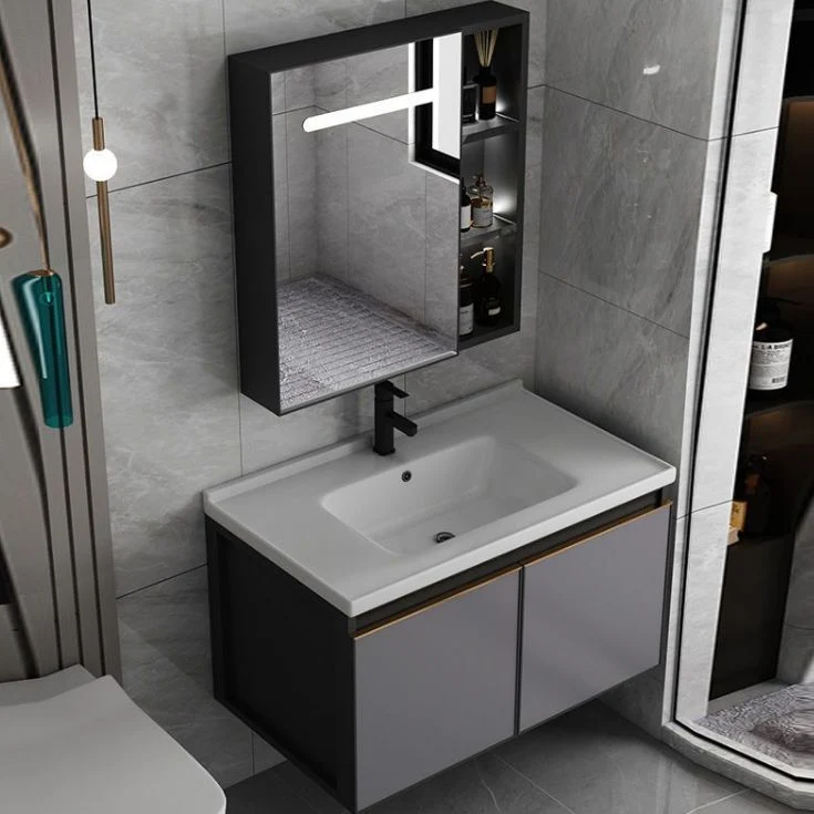 Juego de tocador rectangular con lavabo individual y montaje en pared con tocador de baño moderno con base metálica Clearhalo