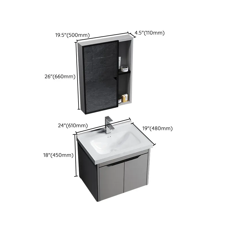 Juego de tocador rectangular con marco de metal gris, tocador de baño moderno con lavabo individual Clearhalo