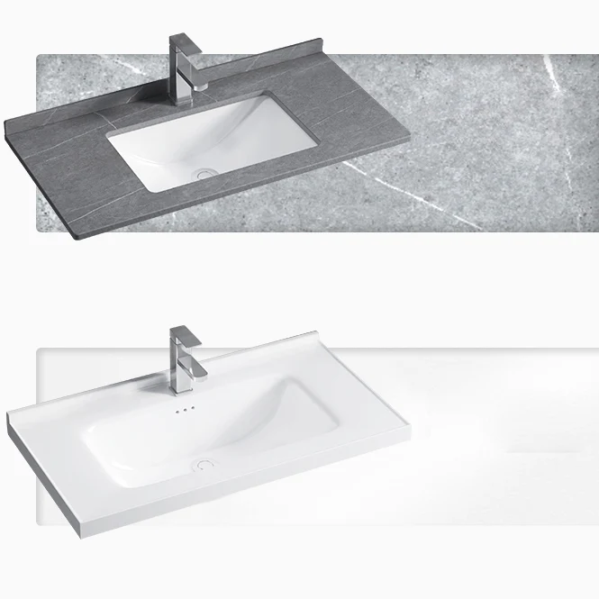 Juego de tocador rectangular con marco de metal gris, tocador de baño moderno con lavabo individual Clearhalo