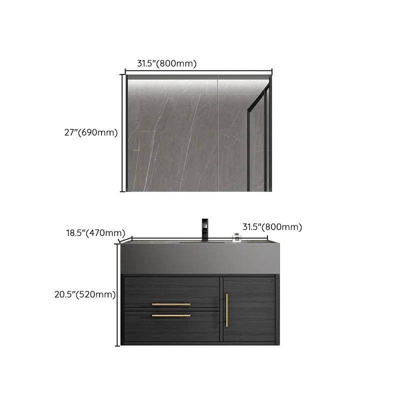 Juego de tocador rectangular de un solo lavabo de cuarzo negro con lavabo de montaje en pared Glam Clearhalo