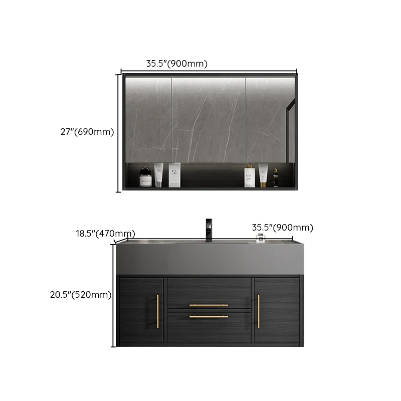 Juego de tocador rectangular de un solo lavabo de cuarzo negro con lavabo de montaje en pared Glam Clearhalo