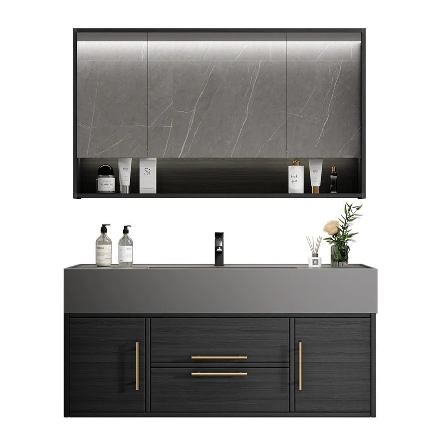 Juego de tocador rectangular de un solo lavabo de cuarzo negro con lavabo de montaje en pared Glam Clearhalo