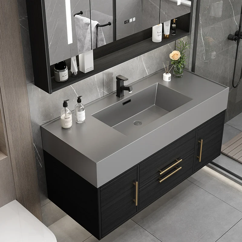 Juego de tocador rectangular de un solo lavabo de cuarzo negro con lavabo de montaje en pared Glam Clearhalo