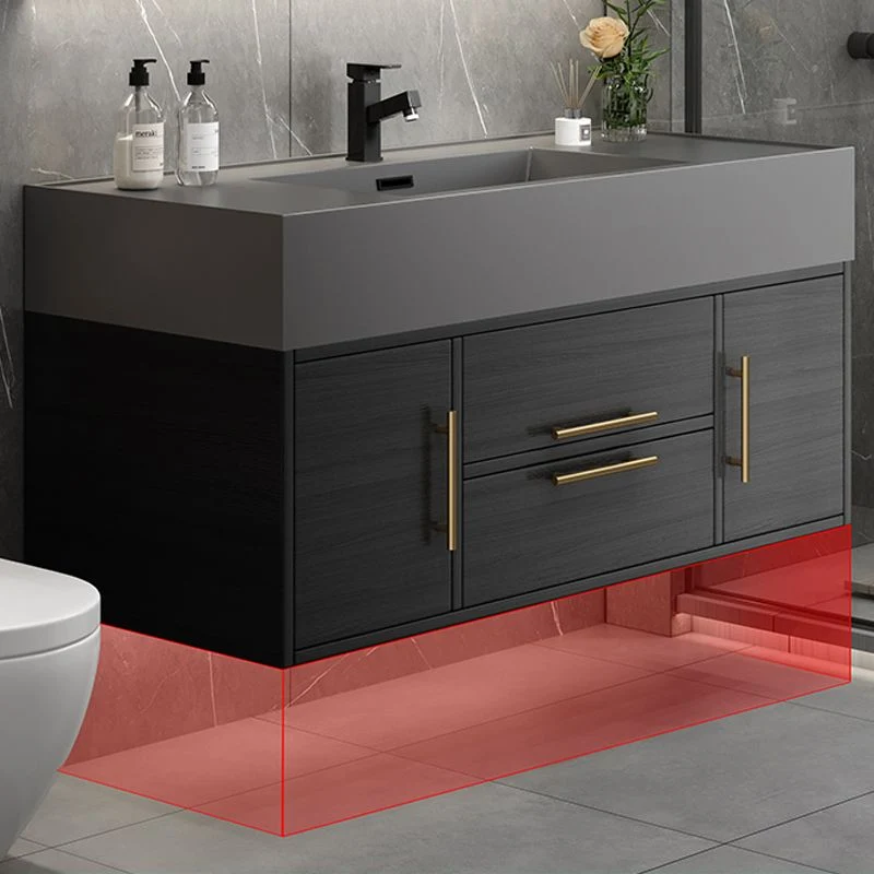 Juego de tocador rectangular de un solo lavabo de cuarzo negro con lavabo de montaje en pared Glam Clearhalo