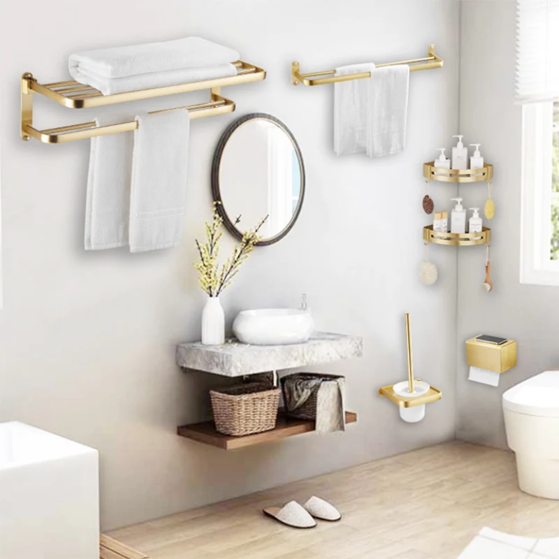 Kit de accesorios de baño dorado moderno, toallero, estante de baño, juego de accesorios para baño Clearhalo