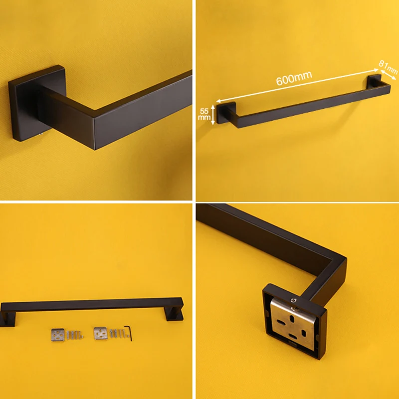 Kit de accesorios de baño negro contemporáneo de metal con aro para toalla Clearhalo