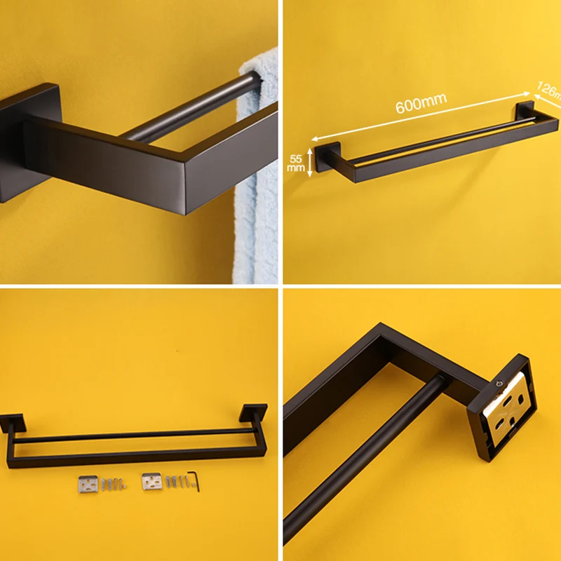 Kit de accesorios de baño negro contemporáneo de metal con aro para toalla Clearhalo