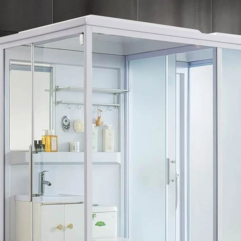 Kit de ducha rectangular deslizante individual, cabina de ducha esmerilada blanca con plato de ducha Clearhalo