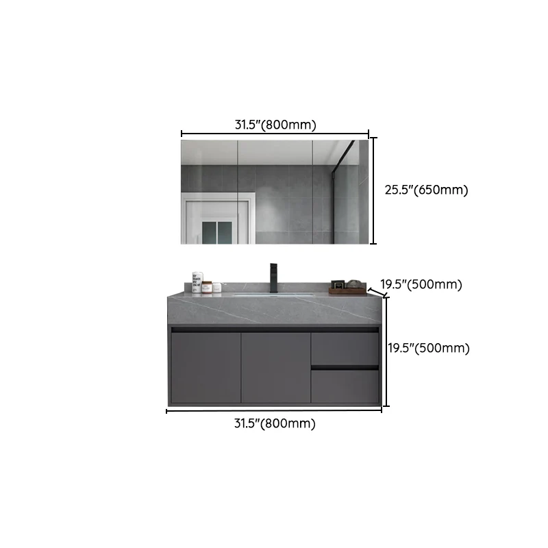 Lavabo de baño moderno, tocador gris montado en la pared, estándar con dos cajones Clearhalo