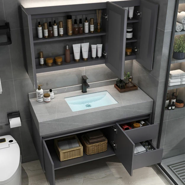Lavabo de baño moderno, tocador gris montado en la pared, estándar con dos cajones Clearhalo