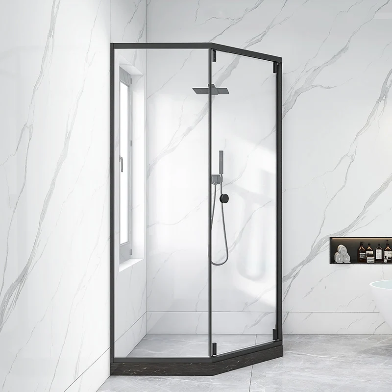 Mampara de ducha con marco negro Neo-Angle Cabina de ducha de vidrio templado con panel fijo Clearhalo
