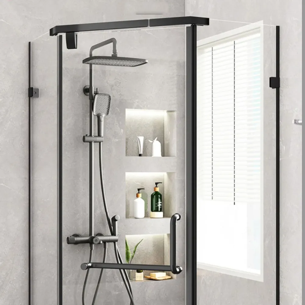 Mampara de ducha de vidrio pulido en ángulo neo, cabina de ducha con marco negro mate Clearhalo