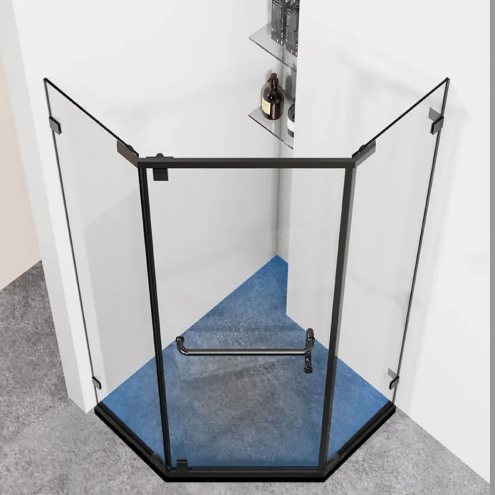 Mampara de ducha de vidrio pulido en ángulo neo, cabina de ducha con marco negro mate Clearhalo