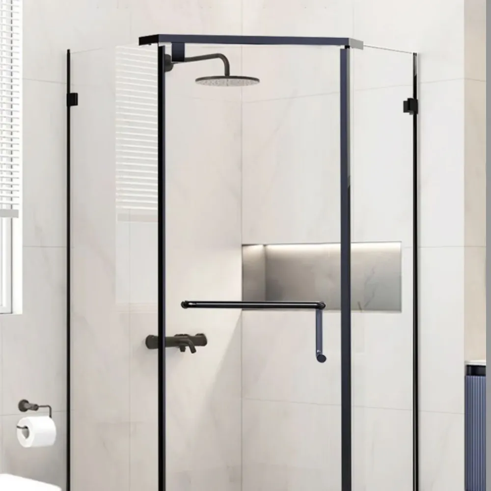 Mampara de ducha de vidrio pulido en ángulo neo, cabina de ducha con marco negro mate Clearhalo