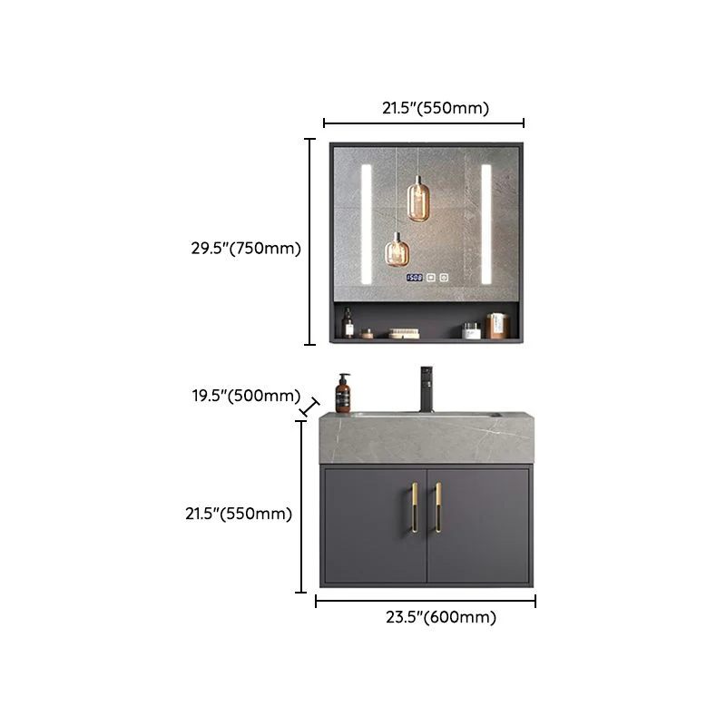 Moderno juego de tocador de baño de madera para montaje en pared en gris con puertas de espejo Clearhalo