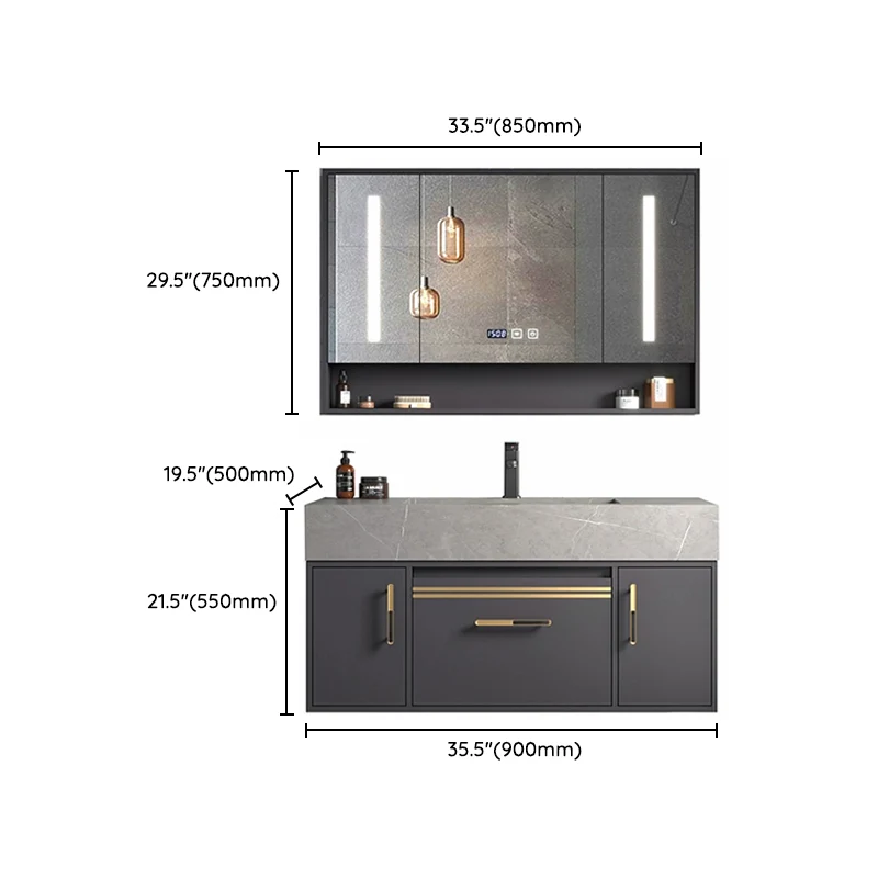 Moderno juego de tocador de baño de madera para montaje en pared en gris con puertas de espejo Clearhalo