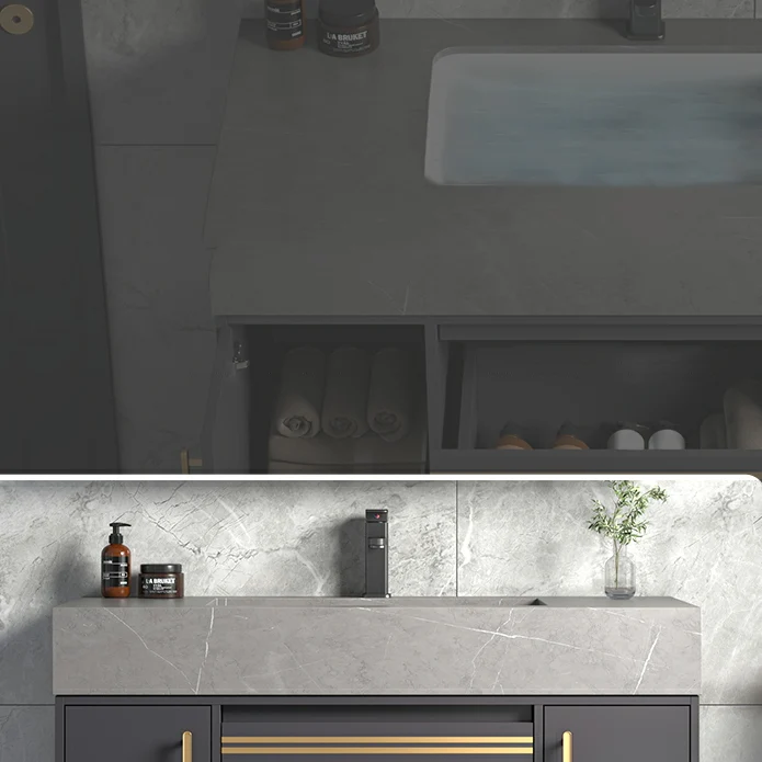 Moderno juego de tocador de baño de madera para montaje en pared en gris con puertas de espejo Clearhalo