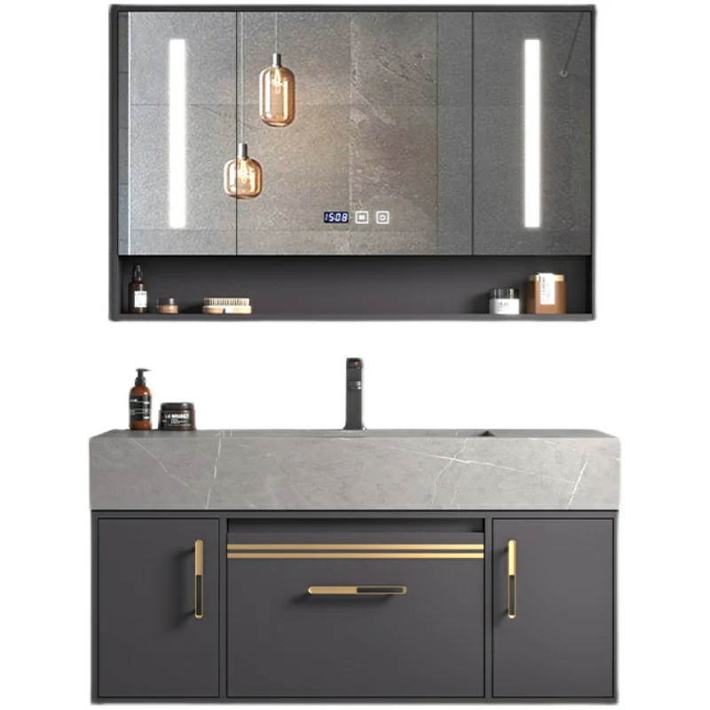 Moderno juego de tocador de baño de madera para montaje en pared en gris con puertas de espejo Clearhalo