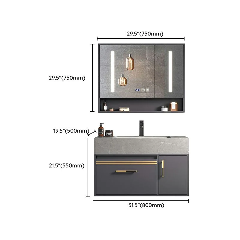 Moderno juego de tocador de baño de madera para montaje en pared en gris con puertas de espejo Clearhalo