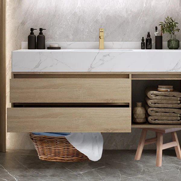 Moderno juego de tocador de baño de montaje en pared, tocador de lavabo de madera con espejo Clearhalo