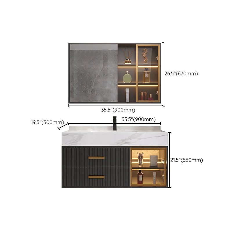 Moderno juego de tocador de baño de montaje en pared con lavabo con espejo y grifo Clearhalo