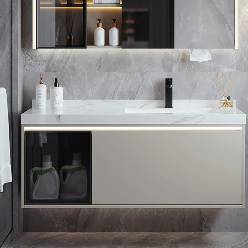 Moderno lavabo de pared con tapa de piedra y puertas para baño Clearhalo