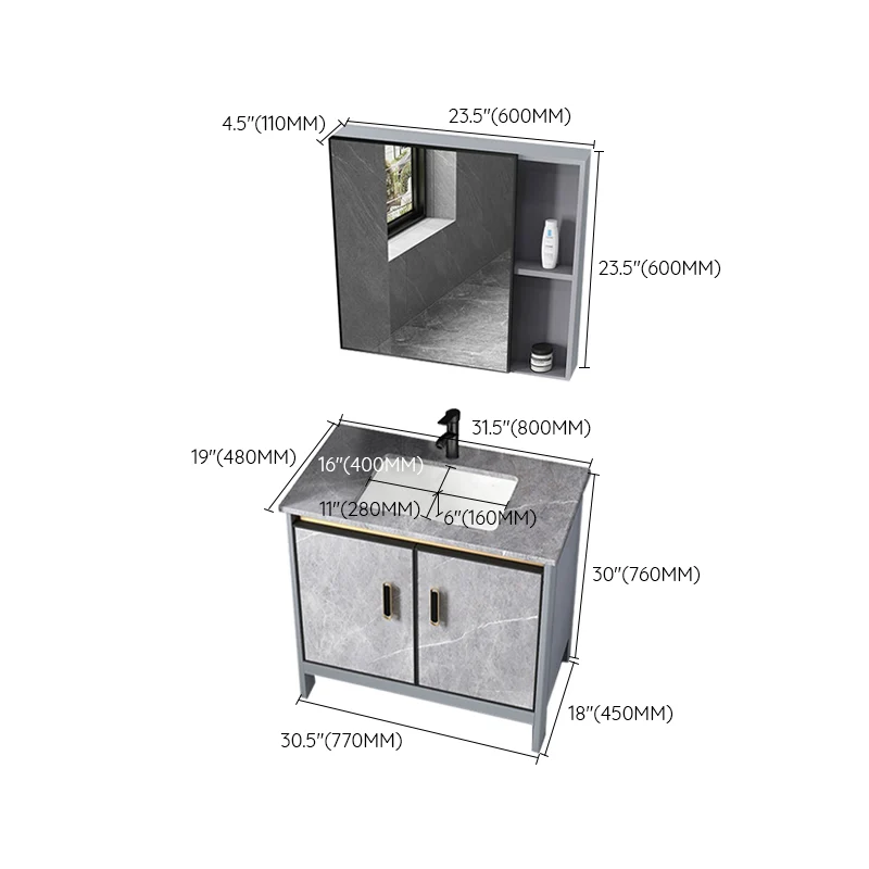 Mueble para lavabo contemporáneo, mueble con espejo independiente, juego de tocador para baño en gris Clearhalo